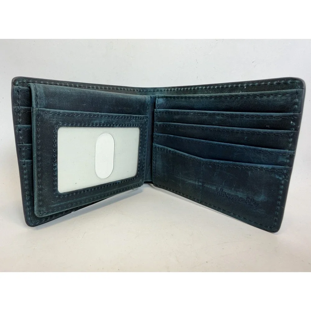 Hawanik‎ Leather Wallet Blue Bifold Men's Card Holder ID Window